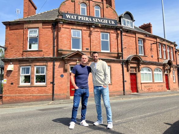 Will Mellor and Ralf Little outside Wat Phra Singh UK in Runcorn