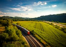 A freight train passes through the Laurel Highlands as seen from the Salisbury Viaduct on the Great Allegheny Passage. 