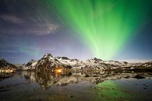 A vibrant green aurora borealis illuminating the night sky over Lofoten Islands