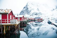 A row of red cabins on stilts by a snowy mountain landscape in the Lofoten Islands.