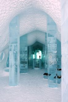 A beautifully sculpted ice structure with intricate details at the ICEHOTEL