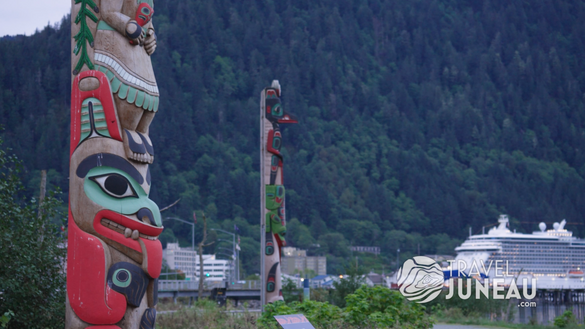 The Kootéeyaa Deiyí (totem pole trail) lines the sea walk in downtown Juneau. 