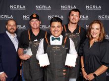 Johnston County's winning team pose with their awards (from left to right): Chad Blackwelder, Jeremy Norris, Miguel Angel Latorre, Colby Norris, Lynn Minges. 