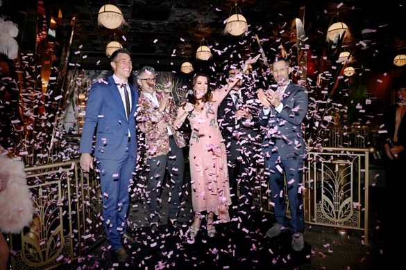 President and COO of Caesars Entertainment Anthony Carano, Interior Designer Nick Alain, Lisa Vanderpump, Regional President of Caesars Entertainment Sean McBurney and SVP & GM of Flamingo Las Vegas Dan Walsh at the Grand Opening of Pinky's by Vanderpump 