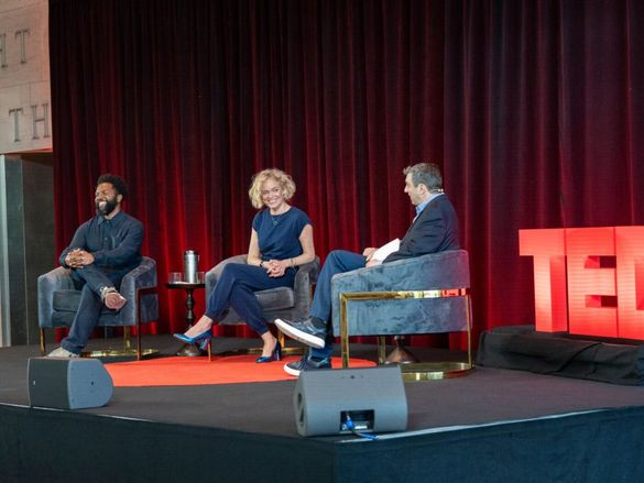 Baratunde Thurston, Katherine Maher and A.J. Jacobs on the TED stage.