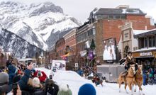 Skijoring in downtown Banff