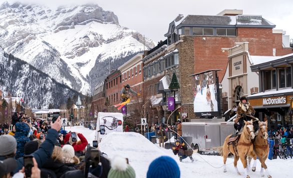 Skijoring in downtown Banff