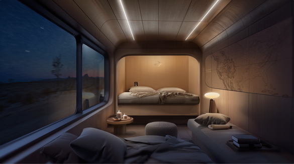 Rendering of Dreamstar Lines Suite at night featuring a queen size bed with extra sleeping and lounging space. Not featured is the private bathroom and shower.