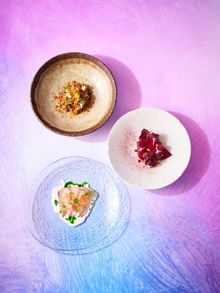 Entrées featuring seasonal produce of Kingfish, Beef Tartare and Beetroot Roselle.