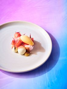 The 'Dream' dessert mirroring the ethereal beauty of dreams made with rose, ricotta, rhubarb and pink lady apples.