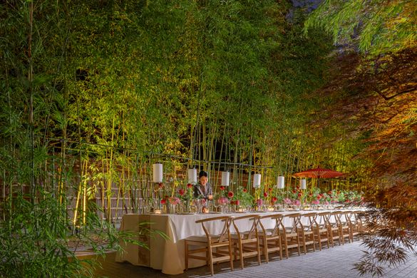 Stunning gala dinner set against a glowing bamboo backdrop in Kyoto Stunning gala dinner set against a glowing bamboo backdrop in Kyoto