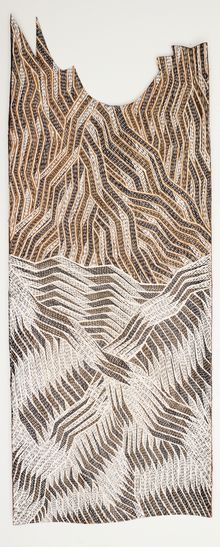 Gunybi Ganambarr 'Coastline of Grindall Bay' 2016, natural pigments and sand on incised bark, 112 x 43 cm, Art Gallery of New South Wales, Sydney, Mollie Gowing Acquisition Fund for Contemporary Aboriginal Art 2016 