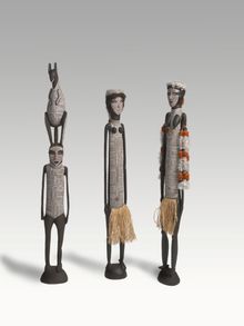 Duṉḏiwuy Waṉambi, Wolpa Waṉambi and Motu Yunupiŋu 'Wawilak Sisters' 1995–96, natural pigments, feathers, hair, resin and natural fibre on wood, installation dimensions variable, National Gallery of Australia, Canberra, purchased 1996
