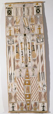  Baluka Maymuru 'Djarrakpi' 1994, natural pigments on bark, 236.3 x 84.7 cm, National Gallery of Victoria, Melbourne, purchased through The Art Foundation of Victoria with the assistance of Alcoa of Australia Limited, Governor, 1994 