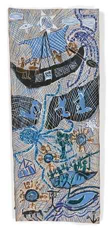 Dhambit Ruypu Munuŋgurr 'The hole in the wall' 2019, synthetic polymer paint on bark, 202.5 x 84.5 cm, National Gallery of Victoria, Melbourne, commissioned by the National Gallery of Victoria, Melbourne, Orloff Family Charitable Trust, 2020 