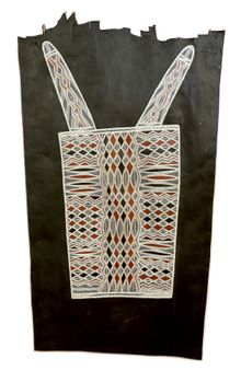 Yinimala Gumana 'Rumbal - Dhaḻwaŋu mixed waters' 2022, natural pigments on bark, 155 x 89 cm, courtesy of the artist and Buku-Larrŋgay Mulka, Yirrkala 
