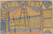 Woŋgu Munuŋgurr 'Macassan prau' 1947, lumber crayon on butchers paper, 74 x 114 cm, Berndt Museum, The University of Western Australia, Perth 