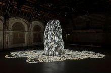 Mulkuṉ Wirrpanda with The Mulka Project 'Rarrirarri' 2023, fiberglass, plaster, projections, sound, 10 min, 3200 x 4900 x 8300 cm, commissioned and produced by RISING and co-commissioned by Illuminate Adelaide for Shadow Spirit (2023) curated by Kimberley