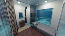 Interior view of entrance and door, shower and bed.