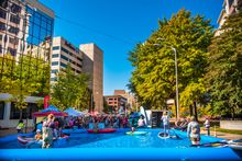 Large pools in the middle of Downtown Roanoke to try out paddleboarding during Go Outside Fest (Oct. 17 - 19, 2025)