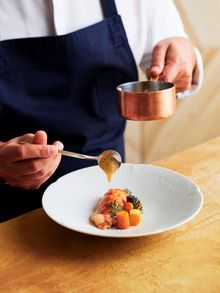 Chef Tyson plating chilled Western Australian marron