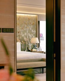 The Hong Kong Suite’s bedroom, inspired by Feng Shui elements that celebrate Hong Kong’s mountains and greenery