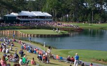 Shooting it out at The PLAYERS Championship on the 17th Island Hole at TPC Sawgrass Stadium Course.