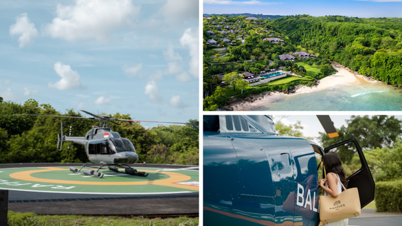 Raffles Bali heliport offering helicopter tours and sky-high experiences for in-house guests, showcasing Bali’s scenic cliffs, beaches, and cultural landmarks.