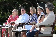 Left to right, Susan Ford Bales, Massee McKinley, Mary Jean Eisenhower, and Patricia Taft react to a comment made by fellow presidential descendant Clifton Truman Daniel during a previous “Presidential Descendants Forum” in Key West, Fla. Truman Daniel an