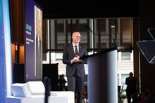 Claude Molinari on stage during the 2026 Visit Detroit Partner & Marketing Outlook Meeting