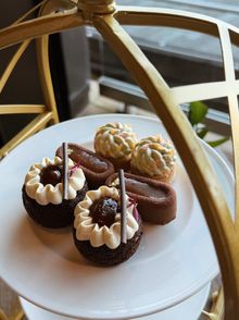 Tim Tam Afternoon Tea - Caramel Tim Tam 'Opera', Tim Tam Slam Choux, Pistachio & Citrus Tartlette