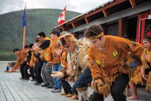 First Nation men dancers at the Moosehide Gathering, Yukon
