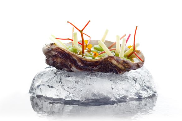 Highly mineral Ancelin Oyster with fresh  White Asparagus Jus, Apple Blossom & Celery