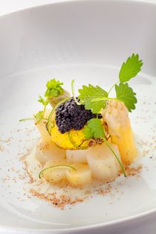 Floral Chamomile with White Asparagus,  Egg Yolk & Caviar