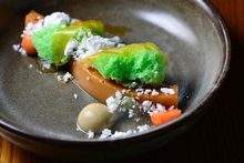 NOBU InterContinental Hong Kong - Southern Sweetie (papaya custard, pandan sponge, coconut granita & lemongrass jelly)