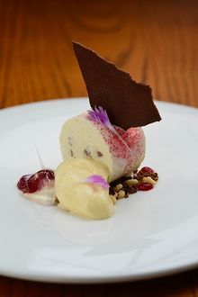 NOBU InterContinental Hong Kong - Honey Semifreddo, umeshu jelly, cherry rose coulis, coffee streusel
