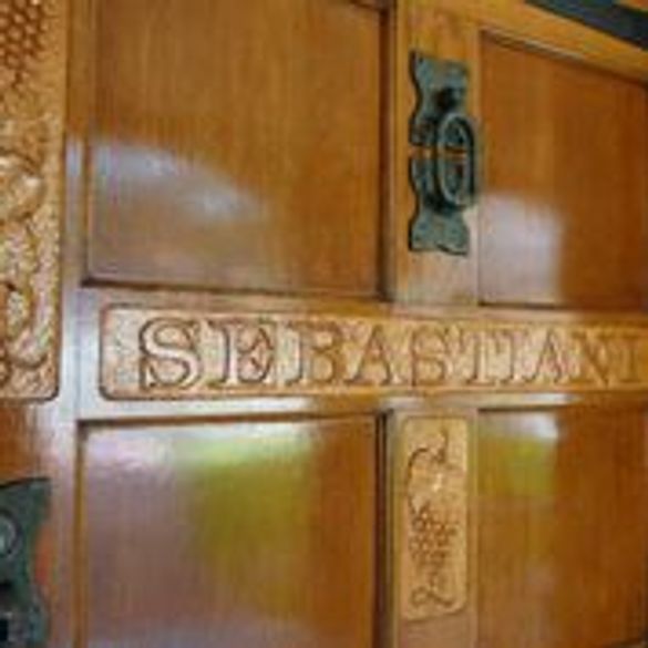 The front door of Casa Sebastiani, the historic home of the famed Sebastiani wine family, in Sonoma, California.