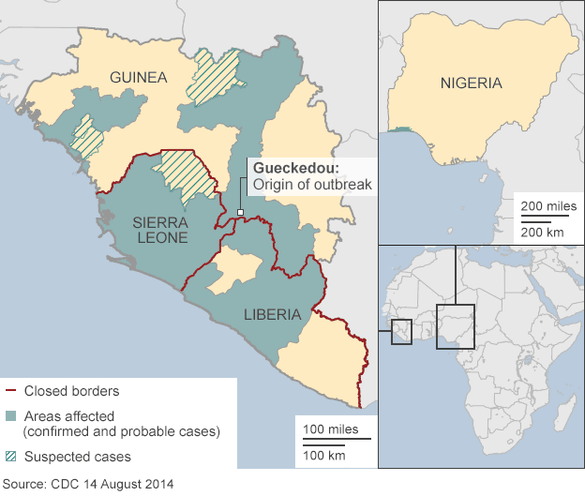 This map from the Centre for Disease Control shows the extent of the current Ebola outbreak. 