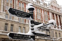 Snow-capped street sign - The Strand, London