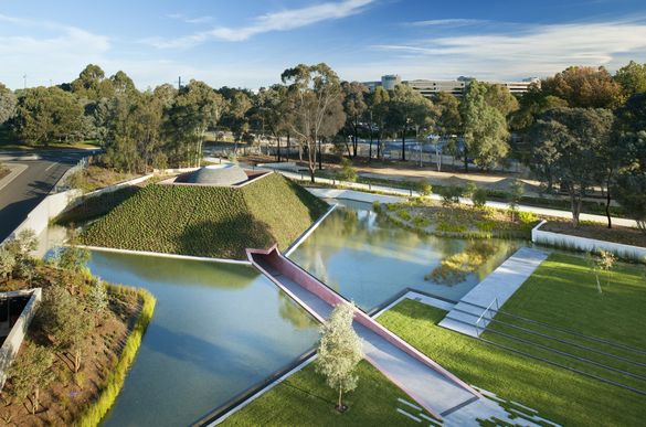 o	James Turrell, Within without 2010, Skyspace: lighting installation, concrete and basalt stupa, water, earth, landscaping, Nat