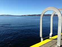 Sitting on Peppermint Bay wharf, short boat ride from Hobart Harbour