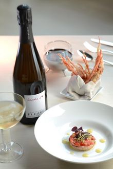 SPOON by Alain Ducasse - Wild Red Shrimp, Delicate Gelee, paired with Champagne Fleury Sonate No. 8