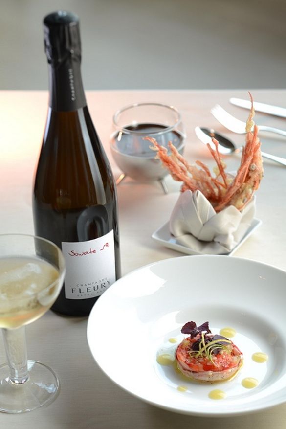 SPOON by Alain Ducasse - Wild Red Shrimp, Delicate Gelee, paired with Champagne Fleury Sonate No. 8