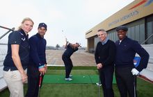 Jodie Kidd, Jamie Redknapp, Justin Rose, Gary Lineker and Ian Wright enjoy a high tee on the wing of a British Airways Boeing  7