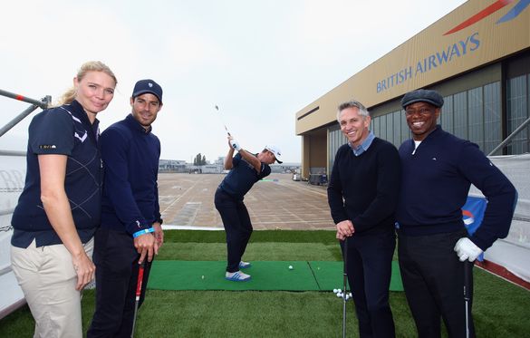 Jodie Kidd, Jamie Redknapp, Justin Rose, Gary Lineker and Ian Wright enjoy a high tee on the wing of a British Airways Boeing  7