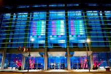 The expansion of the Pennsylvania Convention Center shines bright with color on North Broad Street. 