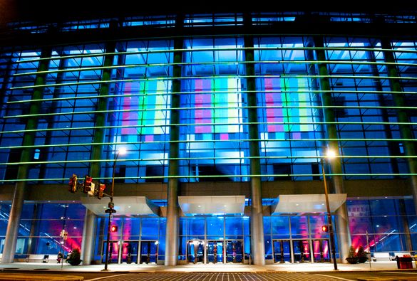 The expansion of the Pennsylvania Convention Center shines bright with color on North Broad Street. 