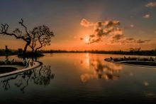 RIMBA's lobby pond becomes a piece of reflective art at each sunset.
