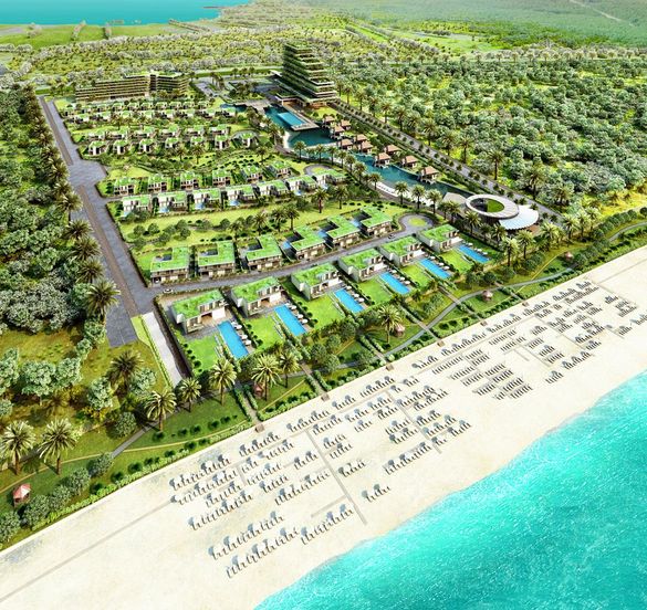 Rendering of the Dusit Thani Cam Ranh Vietnam within the Cam Ranh Flowers Resort. The project is located on Bai Dai Beach in the