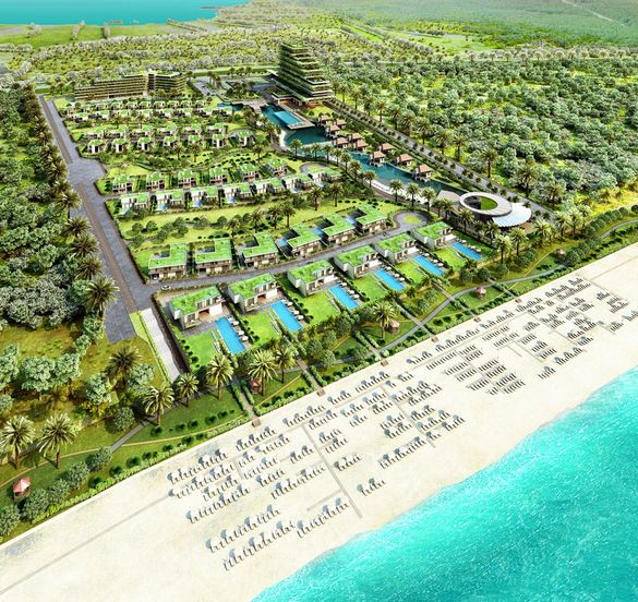 金兰花开度假村内DusitThani Cam Rahn Vietnam（越南金兰湾）的效果图。该项目坐落于有越南明珠之称的金兰湾的柏代海滩 (Bai Dai Beach)。